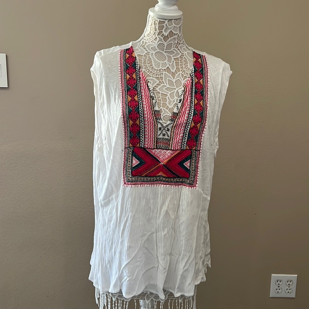 Lucky Brand White Blouse with Red and Black Embroidery